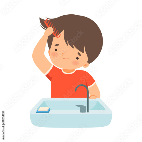 Little Boy Brushing His Wet Hair with Comb Vector Illustration