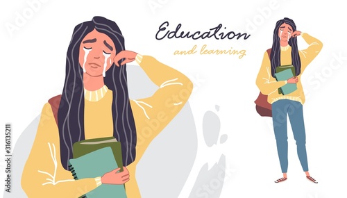 Young women in casual clothes with backbackpacks and books crying