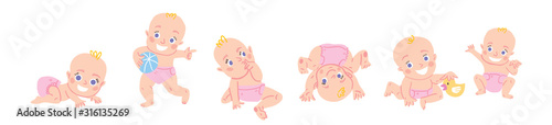 Cute european newborn baby girl poses illustration