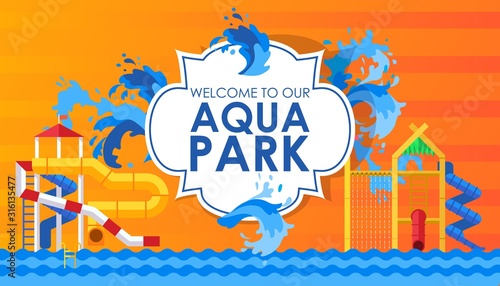 Aqua park vector illustration. Typographic poster template, water park advertisement flyer. Invitation to aqua park, summer activity for family with children