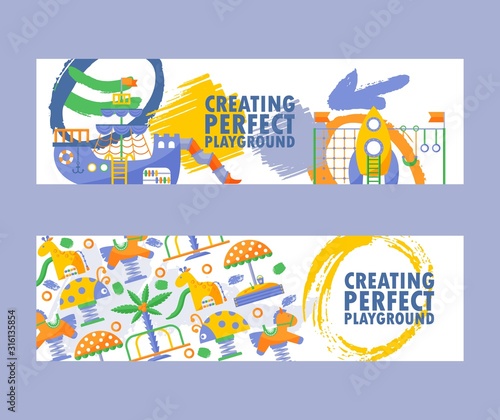 Children playground banner, vector illustration. Startup project for creating perfect playground, advertisement flyers in flat style. Fun attractions for kids