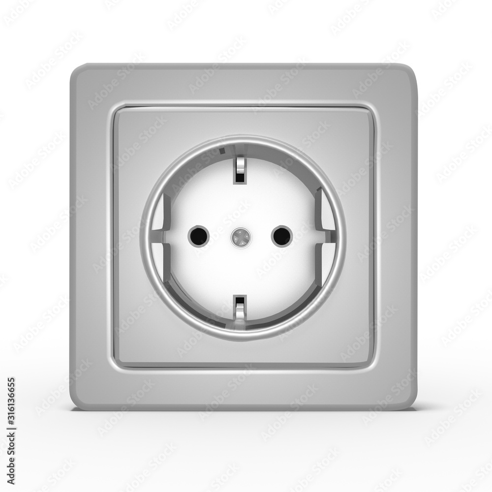 3d 220V Steckdose an der Wand, Farbe Silbergrau, isoliert 3d 220V Steckdose an der Wand, Farbe Silbergrau, isoliert
