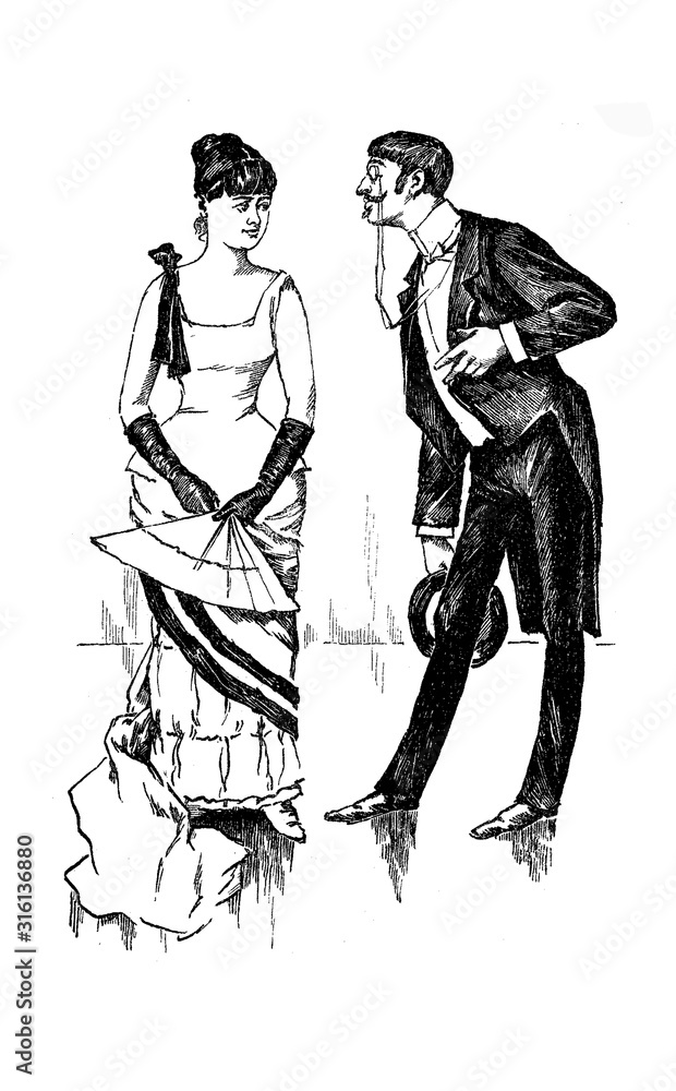 German satirical magazine, gentleman with monocle and waxed moustache flirts with a young woman with elegant evening gown and fan