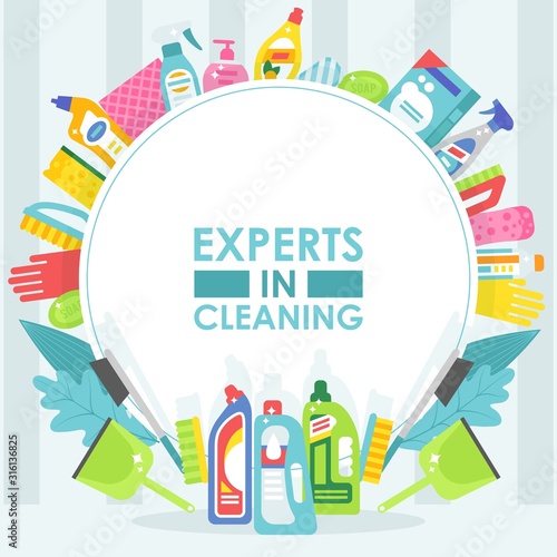 Cleaning service brochure cover template, vector illustration. Flat style banner with copy space, cleaning products, sponges and detergent bottles. Professional service advertisement