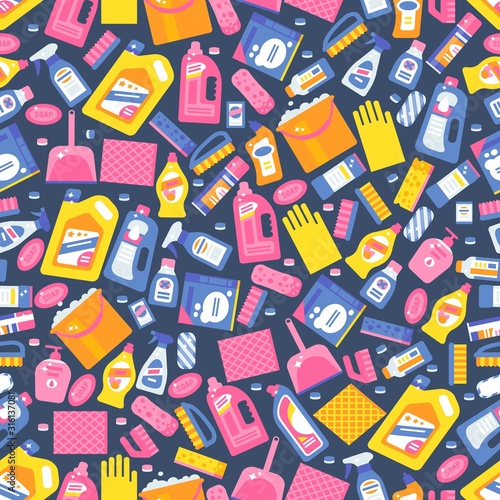 Cleaning products icons in seamless pattern, vector illustration. Wrapping paper print design for packaging, washing detergents and household items