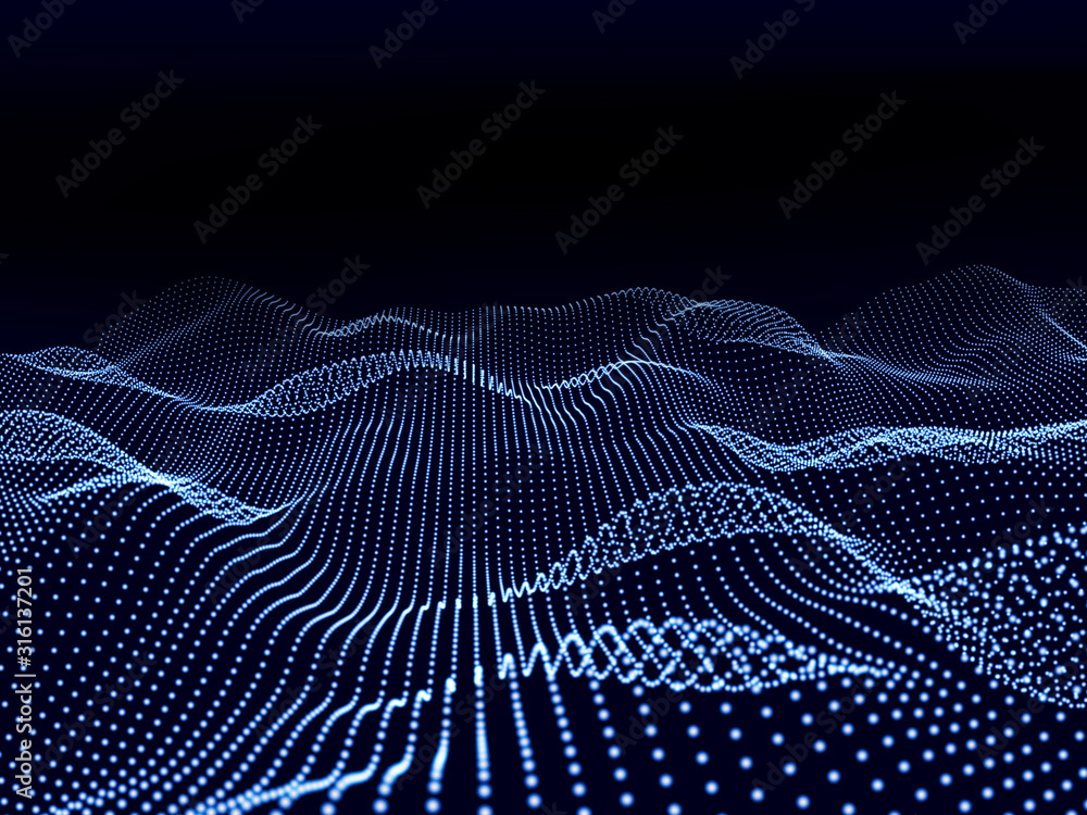 Abstract 3d grid with blue particles glow on black. Technology abstract vector. Futuristic wave background.