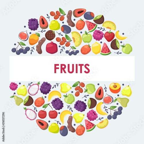 Exotic fruits in round frame composition, vector illustration. Healthy vegetarian food, fresh juicy slices of watermelon, melon, kiwi and pitaya. Tropical fruits, booklet cover