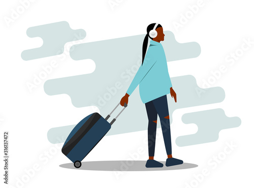 African girl on vacation. Beautiful African American woman. Vector illustration. Black woman with a suitcase. African girl with a suitcase. African-American girl goes on a journey.
