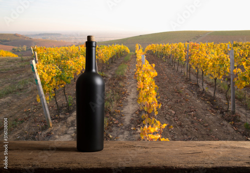 Red wine with barrel on vineyard in green Tuscany, Italy