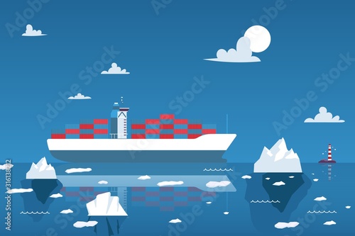 Cargo ship transporting containers in the Arctic Ocean, vector illustration