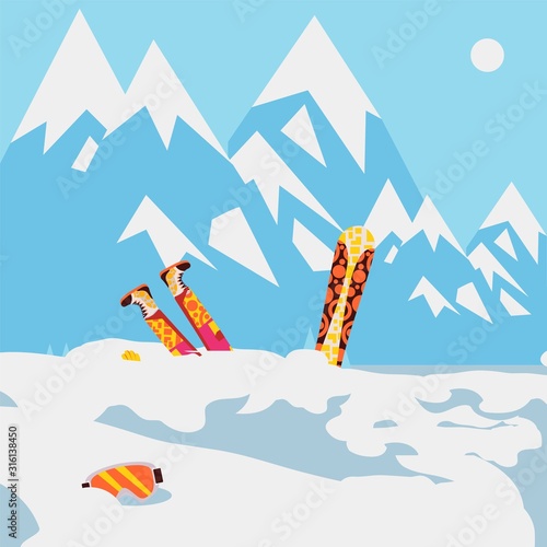 Snowboarder fell in snow, mountain avalanche, extreme winter sport, vector illustration