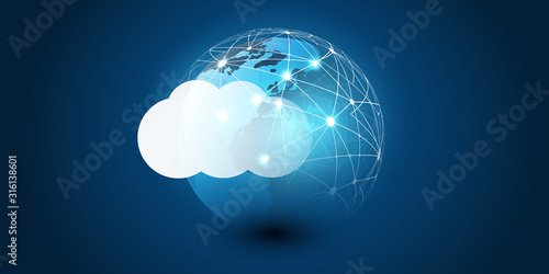 Cloud Computing Design Concept - Digital Connections, Technology Background with Earth Globe, World Map and Geometric Network Mesh