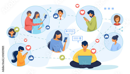 Social media network. Connected users taking pictures, posting, chatting flat vector illustration. Internet, connection, communication concept for banner, website design or landing web page