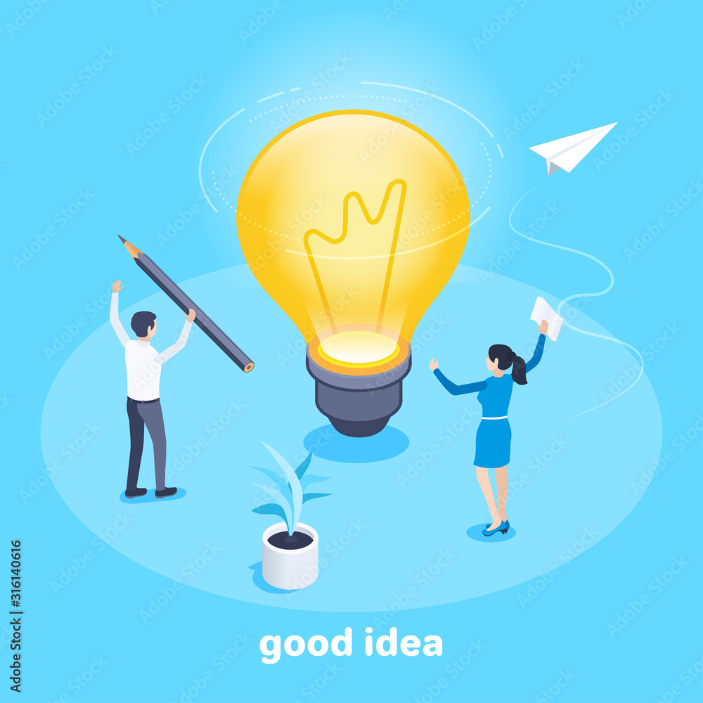 isometric vector image on a blue background on the theme of business, a man and a woman are standing near a large luminous bulb, a good idea or solution isometric vector image on a blue background on the theme of business, a man and a woman are standing near a large luminous bulb, a good idea or solution