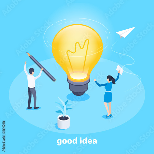 isometric vector image on a blue background on the theme of business, a man and a woman are standing near a large luminous bulb, a good idea or solution