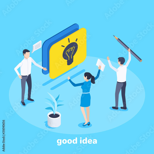 isometric vector image on a blue background on the theme of business, a man presents a screen with the image of a light bulb for his colleagues, a business idea and solution