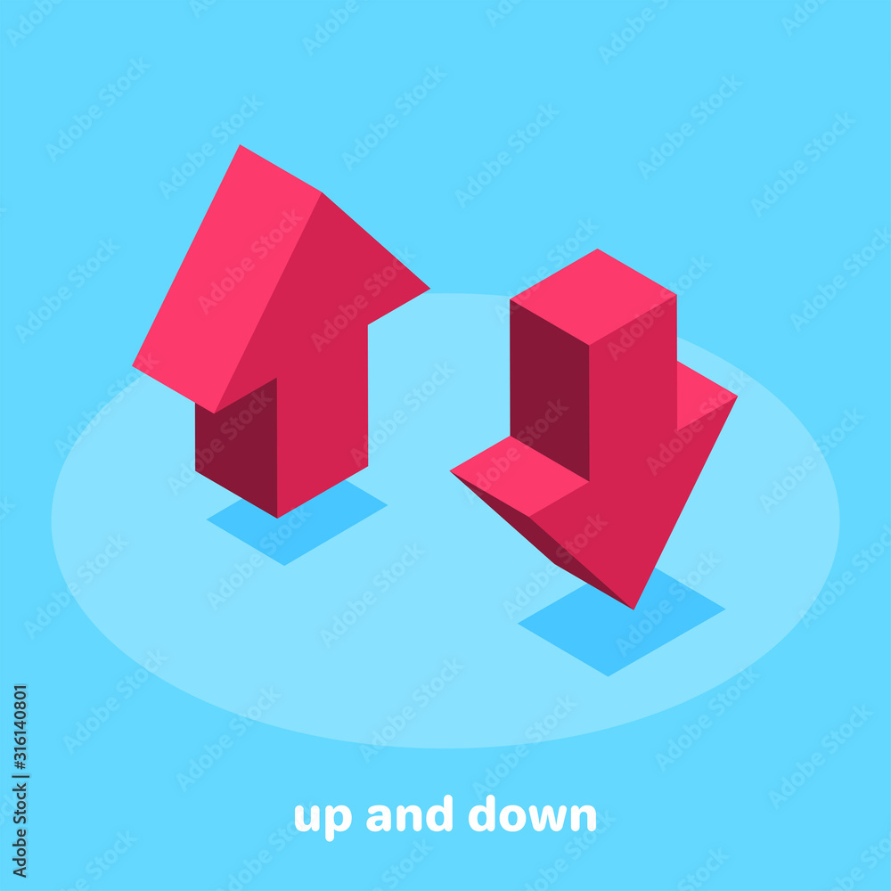 isometric vector image on a blue background, icons in the form of red up and down arrows, rising and falling