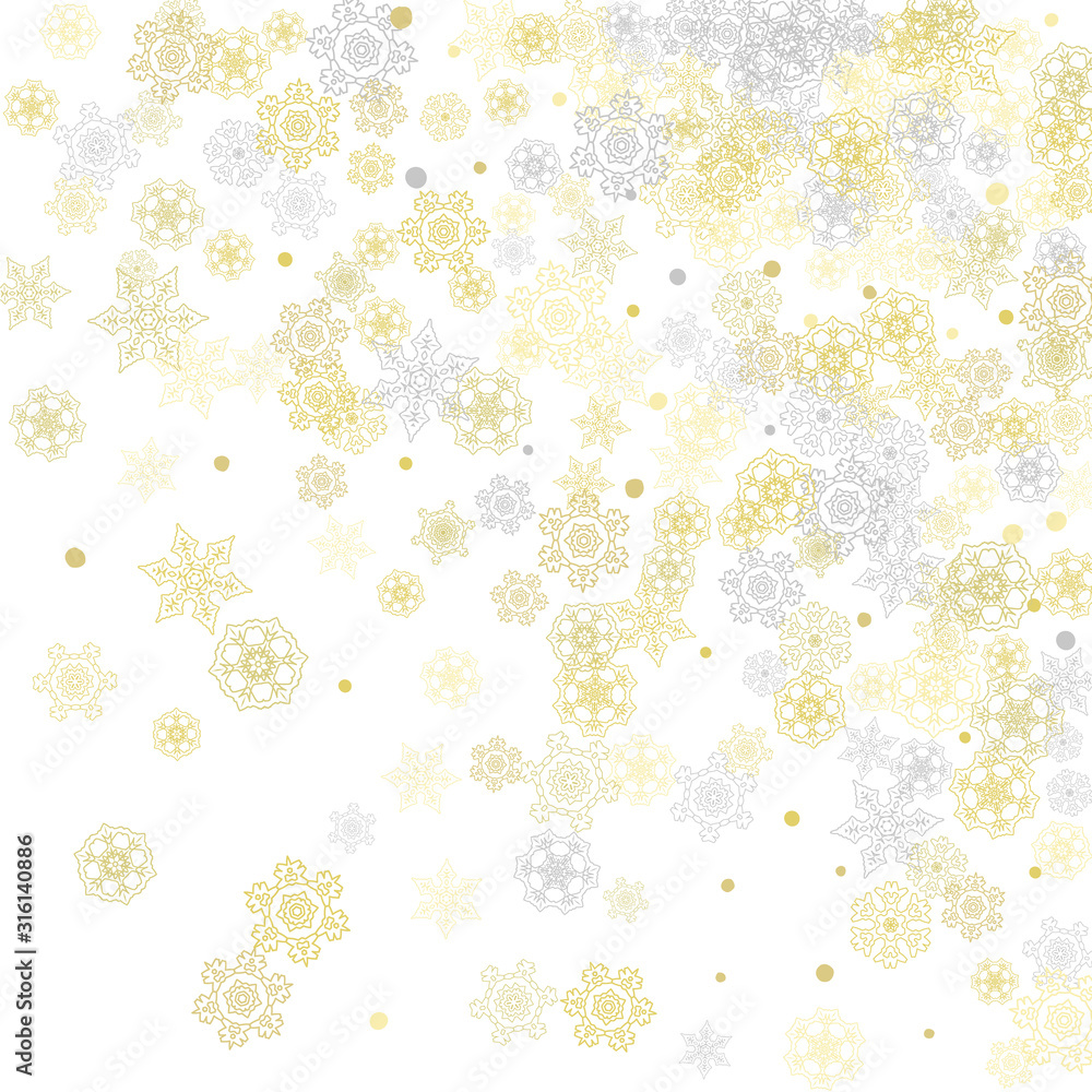 Gold snowflakes frame on white background. New year theme. Stylish shiny Christmas frame for holiday banner, card, sales, special offers. Falling snow with gold snowflakes and glitter for party invite Gold snowflakes frame on white background. New year theme. Stylish shiny Christmas frame for holiday banner, card, sales, special offers. Falling snow with gold snowflakes and glitter for party invite