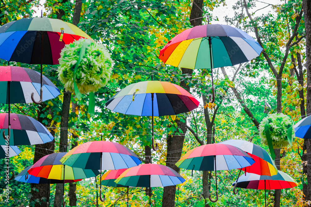 Multi-colored umbrellas mounted on trees.