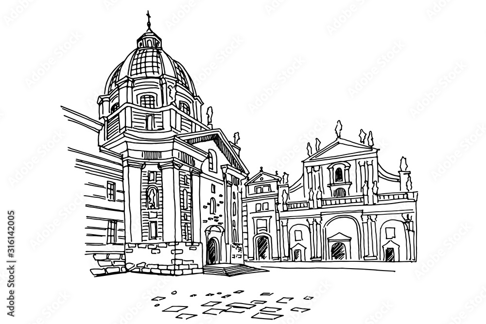 vector sketch of Saint Francis Of Assissi Church in Prague, Czech Republic.