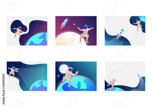 Set of astronaut floating in outer space. Flat vector illustrations of planets, rockets, taking selfie. Cosmos, exploration concept for banner, website design or landing web page