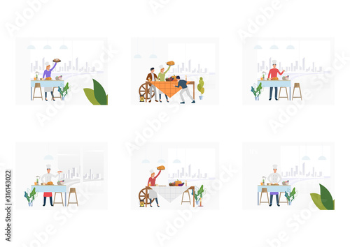 Set of chefs cooking dishes. Flat vector illustrations of cooking festive dinner, turkey, pumpkins. Cooking concept for banner, website design or landing web page