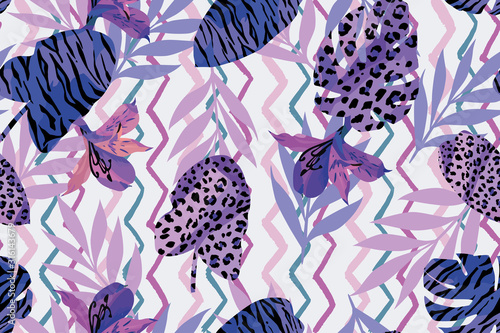 Abstract trendy blue style flowers leaves seamless