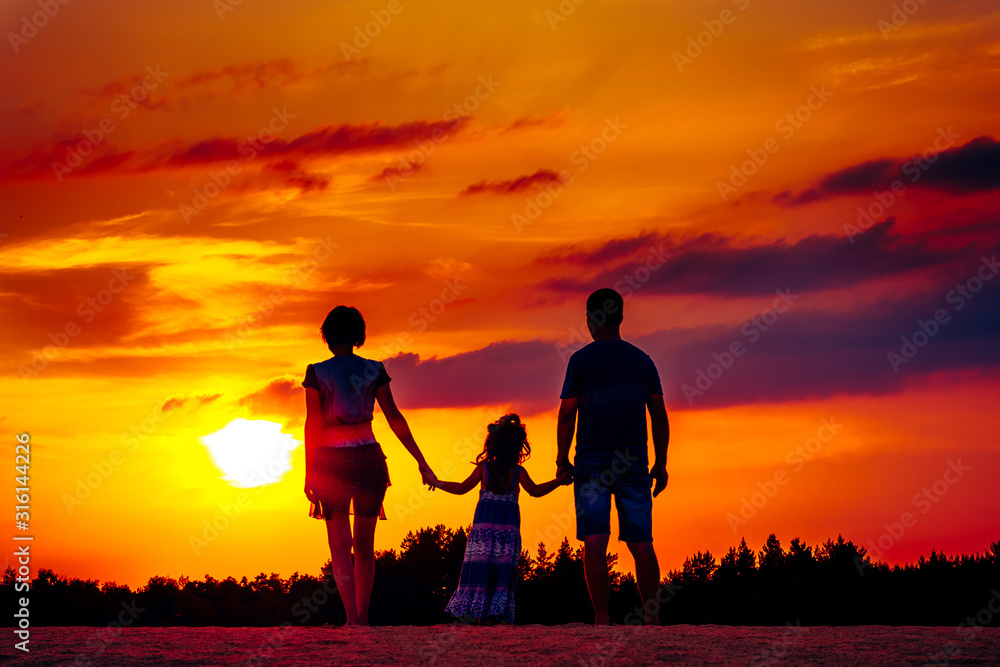 Happy family on meadow at summer sunset