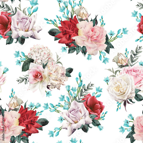 Seamless floral pattern with flowers on light background  watercolor. Template design for textiles  interior  clothes  wallpaper. Botanical art