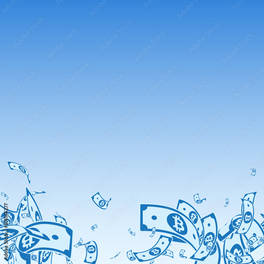 Obraz premium Bitcoin, internet currency notes falling. Messy BT