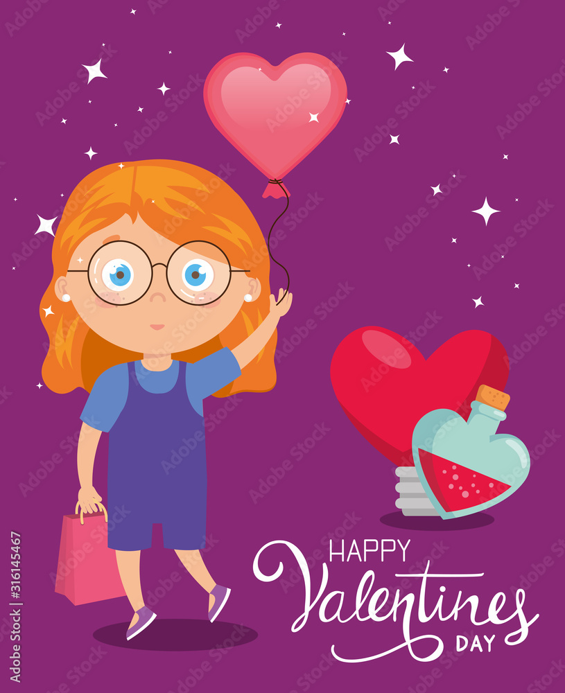 happy valentines day card with cute girl and decoration happy valentines day card with cute girl and decoration