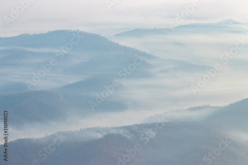 Layers of mountain with mist.