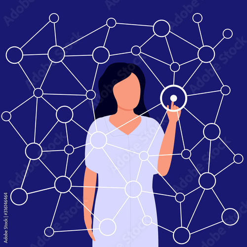 Young girl in cyberspace. Business network management, social connections, internet cloud. Vector illustration