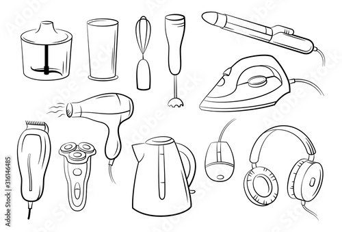 Group of Technical Equipment Icons Shaver, Iron, Hair Dryer, Blender, Kettle, Headphones and Computer Mouse. Black Pictograms Isolated on White. Vector