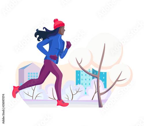 Winter running. The girl runs on a winter evening in the city Park, trees. bushes in the snow. On the background of the house with Windows. Banner, poster, card, healthy lifestyle. Vector Illustrtion.