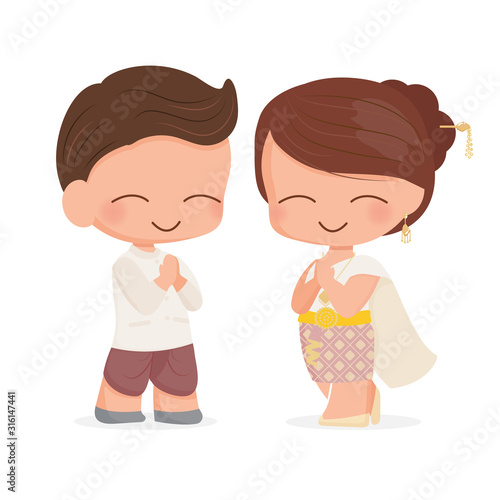 cute flat style Thai couple in traditional dress greeting for welcome, wedding or songkran festival on white background isolated