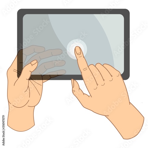 Human hands hold a touchscreen tablet computer.
