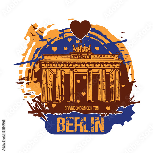 Brandenburg gate, Berlin / Germany city design with love hearts. Hand drawn illustration.