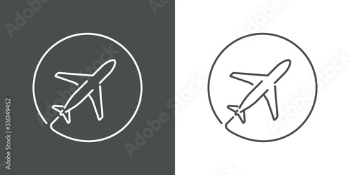 Icono plano lineal avión en círculo en fondo gris y fondo blanco