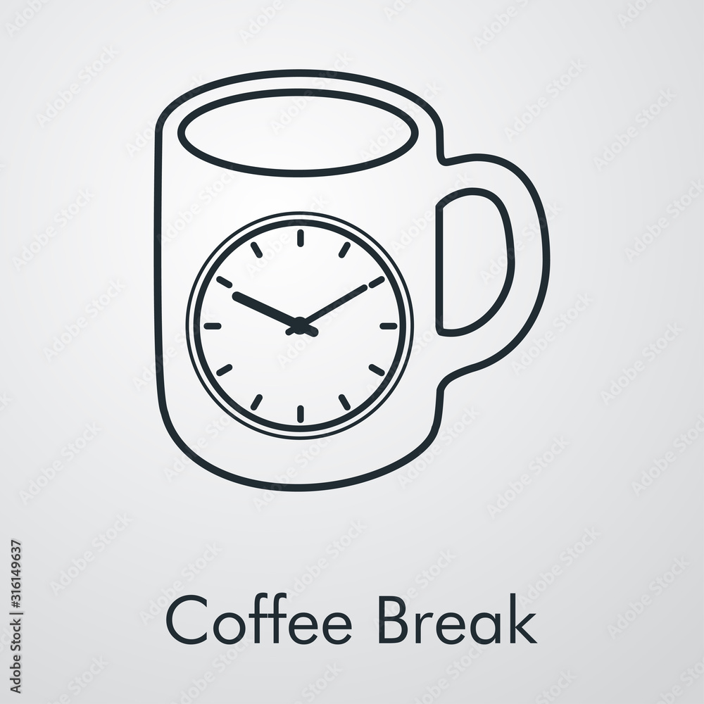 Logotipo Coffee Break. Icono plano lineal taza de café con reloj en fondo  gris Stock Vector | Adobe Stock