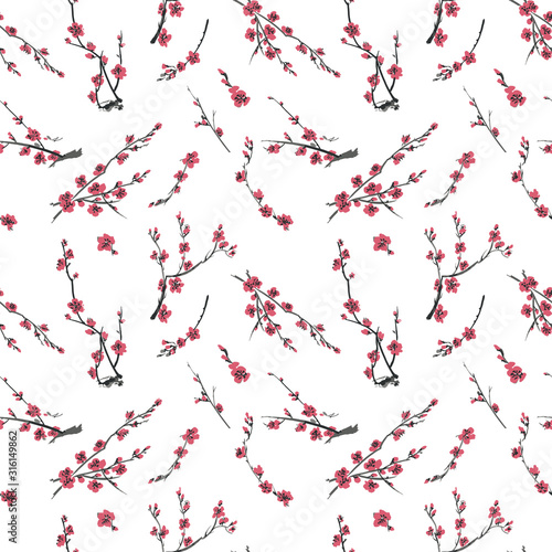 Vector Japanese sakura seamless pattern with pink flowers. Background made without clipping mask