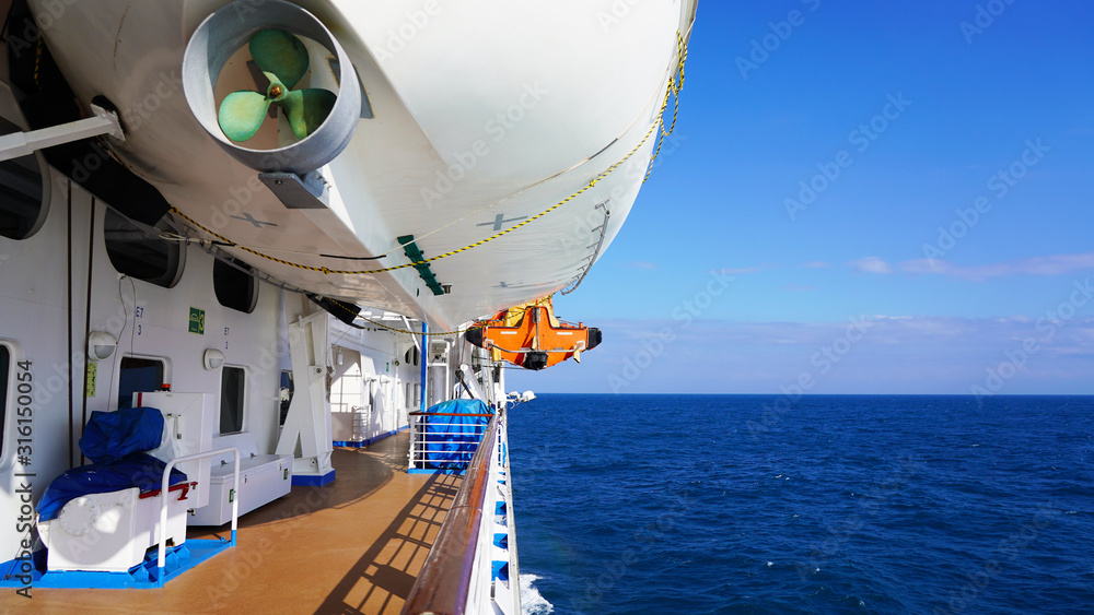 walk deck on a cruise ship. safety on the ship, lifeboat, liferafts
