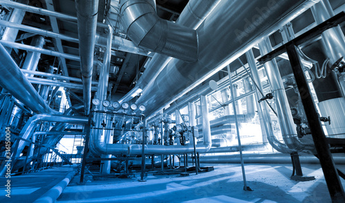 Industrial zone, Steel pipelines and cables in blue tones