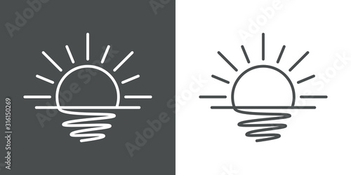 Icono plano lineal sol naciente con reflejo en el mar en fondo gris y fondo blanco