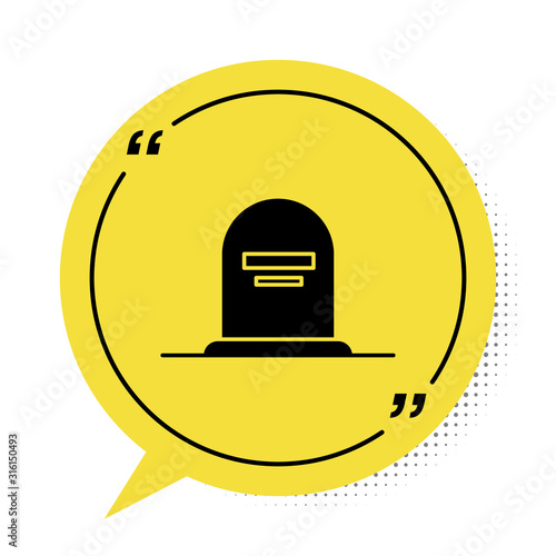 Black Tombstone with RIP written on it icon isolated on white background. Grave icon. Yellow speech bubble symbol. Vector Illustration