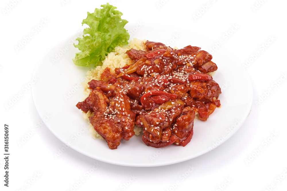 Fried Kung Pao Chicken with rice, Chinese traditional food, isolated on white background Fried Kung Pao Chicken with rice, Chinese traditional food, isolated on white background