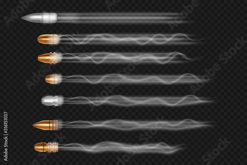 Realistic flying bullet with smoke traces set. 3D vector isolated on transparent background illustration.