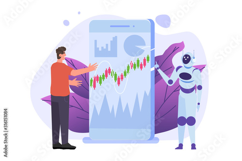 Robot investing, Robo-advisor. Artificial intelligence and businessman using IT algorithms for Forex tradings. Vector illustration