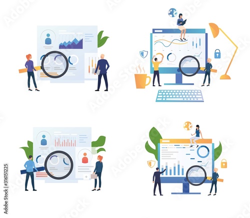 Set of business people working with charts. Flat vector illustrations of employees developing financial strategy. Making and analyzing diagrams concept for banner, website design or landing web page