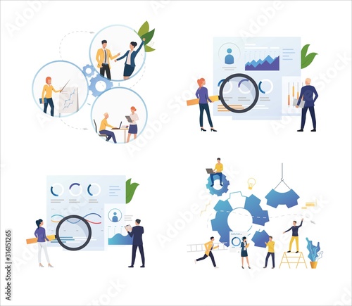 Set of business people developing project. Flat vector illustrations of working with charts. Teamwork, discussion, planning concept for banner, website design or landing web page